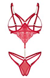 Czerwone body z odkrytym biustem i otwartym krokiem Matildea